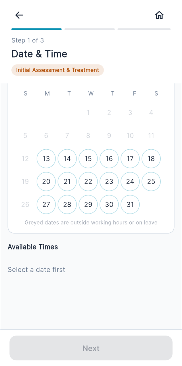 Choosing a date and time slot for a home physiotherapy visit