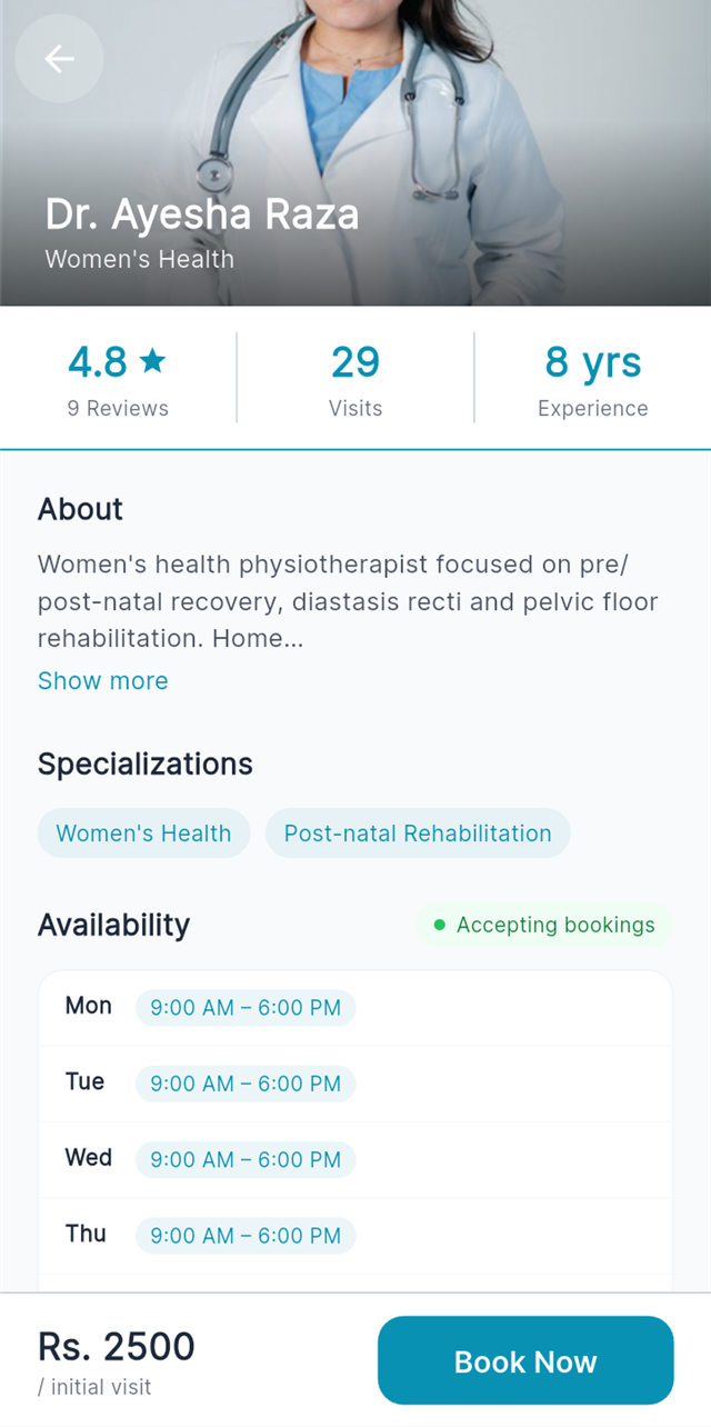 Physiotherapist profile with rating, experience, specializations and availability