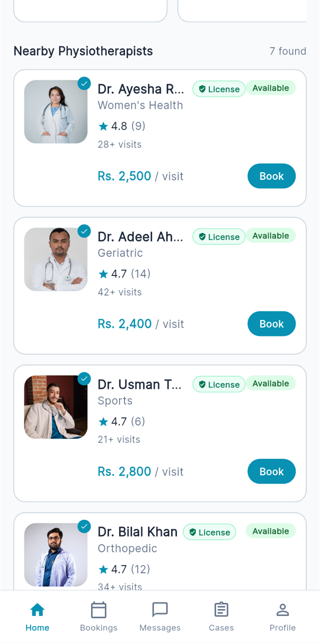 Browsing nearby verified physiotherapists with ratings, fees and availability