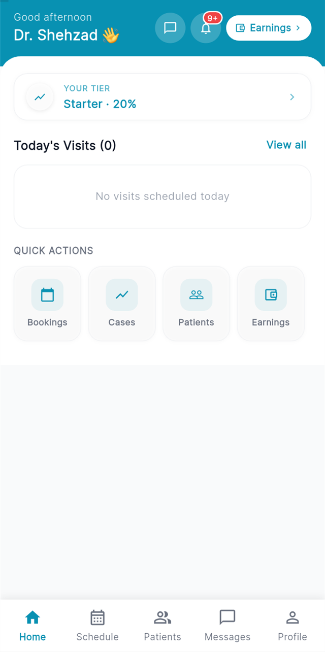 Physio app dashboard with today’s visits, tier and quick actions