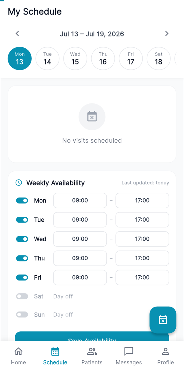 Physio app weekly availability and schedule management